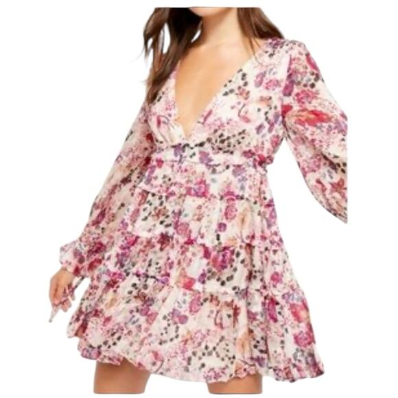 Free People Long Sleeve Floral Mini Dress Deep V Neck Size Medium - Picture 3 of 8